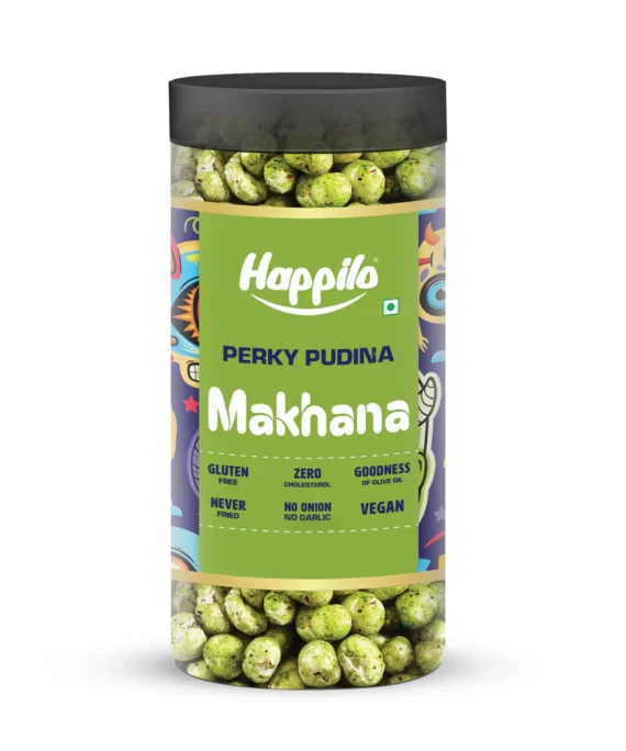 Happilo Makhana Perky Pudina Jar 80g, Roasted Foxnut Healthy Snack Low Calorie Gluten Free and Vegan